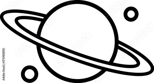 Simple line drawing of a ringed planet with two moons