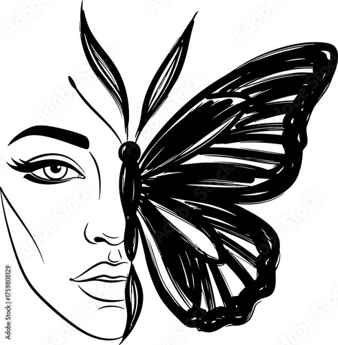 Artistic fusion of female face and butterfly wing design