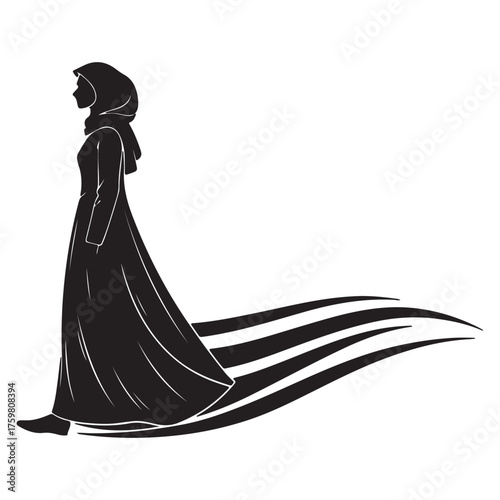 Silhouette of a woman in a hijab and long dress, standing gracefully with a flowing trail isolated on white background