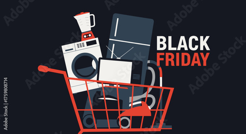 Black Friday sale banner Shopping cart overloaded with appliances and electronics on dark background