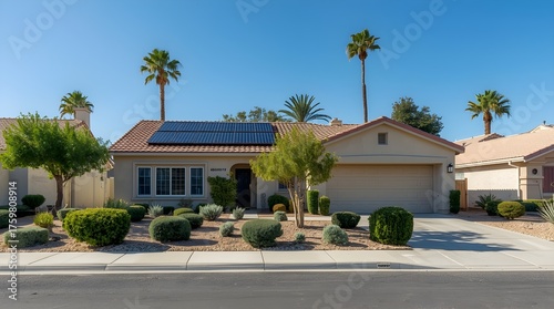 A charming single family home with a tiled roof and solar panels on the roof surrounded by lush green landscaping and palm trees under a clear blue sky
