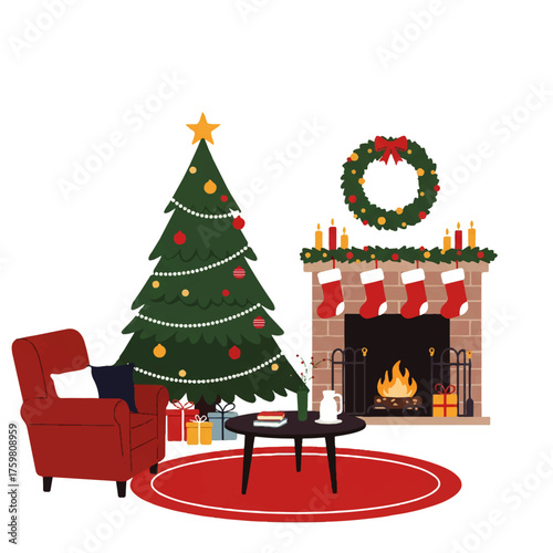 Cozy Christmas Living Room with Decorated Tree and Fireplace.