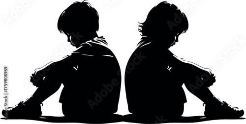 Two silhouetted children sitting back to back in stark contrast