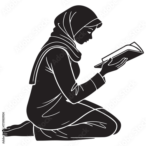 Silhouette of a woman kneeling and reading a book, wearing a hijab and traditional attire isolated on white background