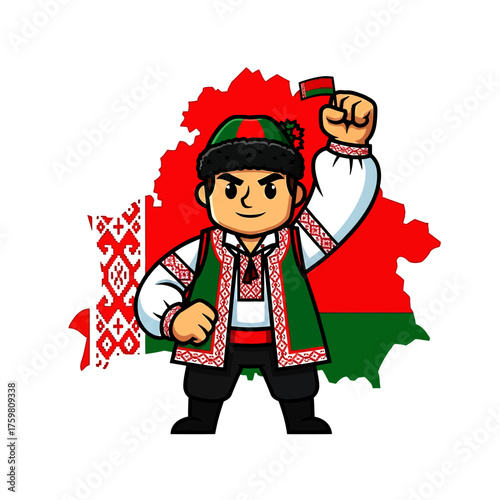 Illustration of a Belarusian man in traditional clothing holding a flag with the map of Belarus in the background