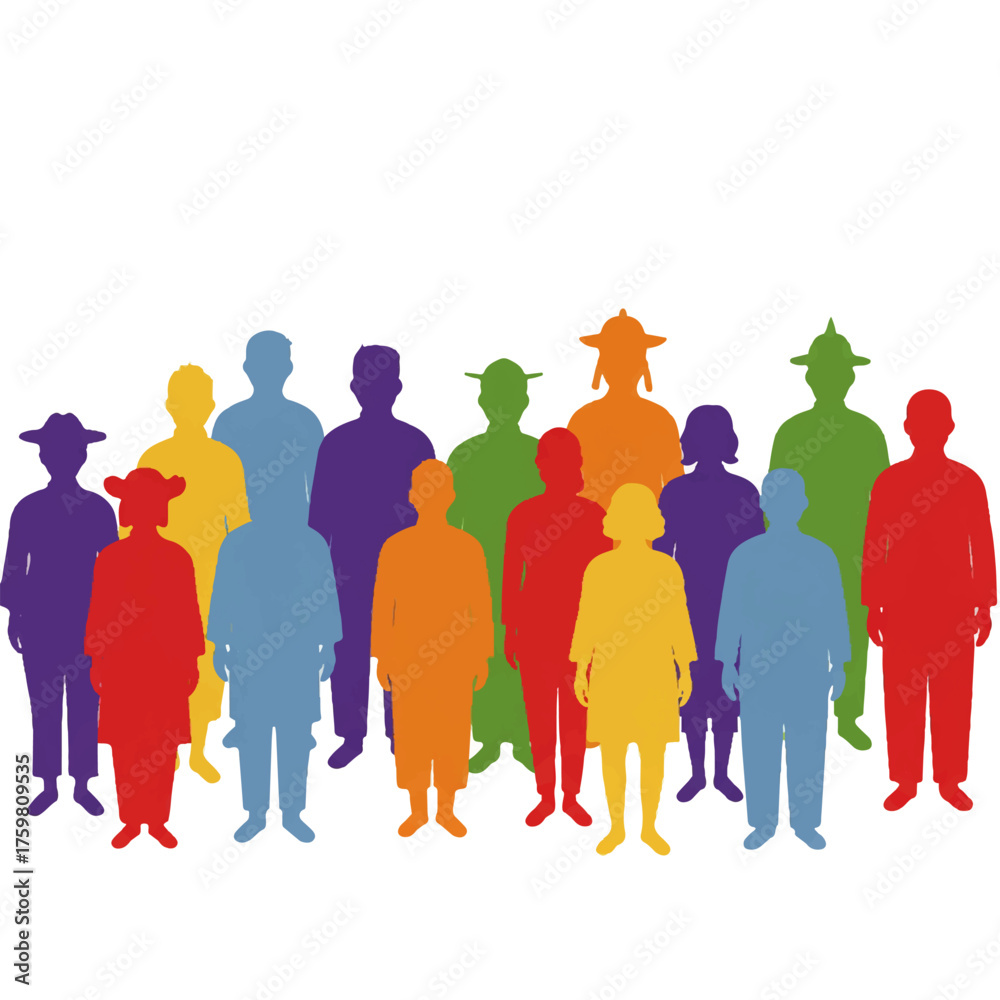 Obraz premium Diverse Group of Colorful People Silhouettes Standing Together.