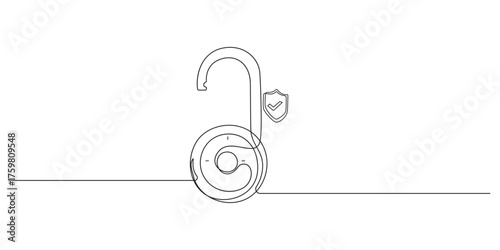 Continuous Line Drawing of Unlocked Padlock with Security Checkmark,world data protection day concept one line art vector