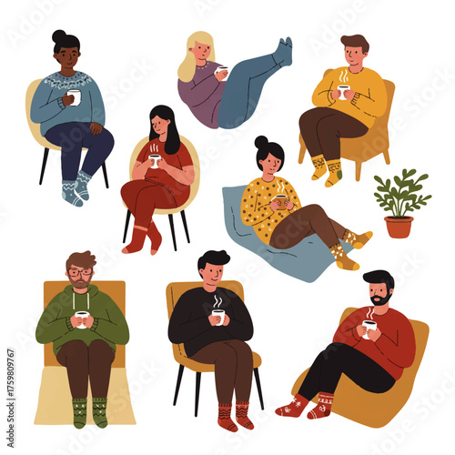Diverse People Relaxing and Drinking Hot Beverages.