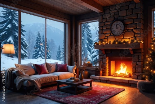Cozy living room with fireplace and large windows overlooking a snowy landscape, perfect for winter holiday decorations , wood, landscape