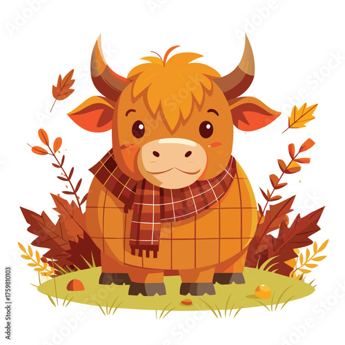 Adorable highland cow illustration wearing a plaid scarf cute farm animal graphic isolated on white background