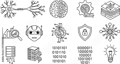 Conceptual AI & Data Science Black Silhouette Icon Set: Neuron, Brain-Circuit, Neural Network, and Robot Head Line Art for Technology Reports.