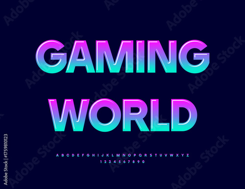 Vector Modern template Gaming World. Glossy Gradient Font. Bright Uppercase Alphabet Letters, Numbers and Symbols set
