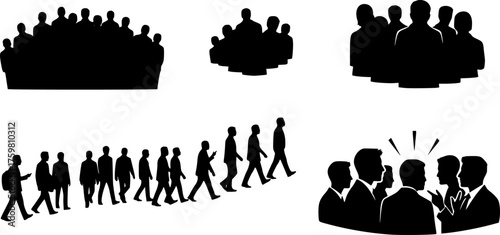 Abstract Human Crowd & Group Formation Black Silhouette Vector Set: Dense Cluster, Walking Line, and Debating Profile for Demographic and Urban Graphics.