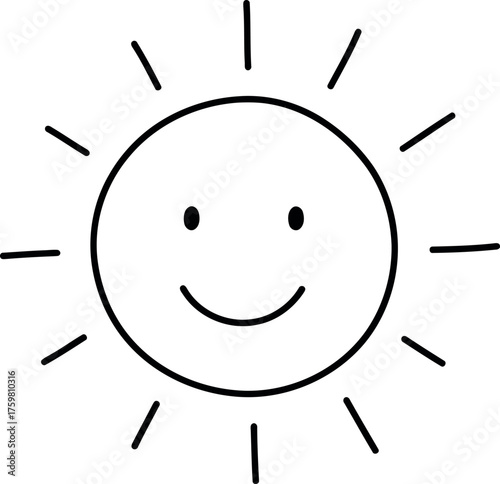 Simple hand drawn smiley sun with rays on white background