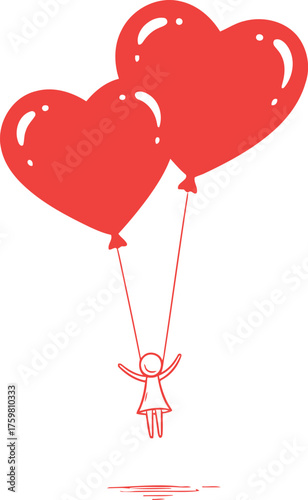 Tiny figure carried by two bright red heart shaped balloons