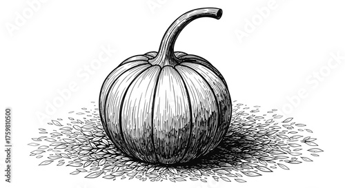Detailed Ink Drawing of a Single Pumpkin with Distinctive Stem.