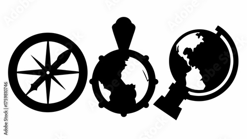 Explore the World Awaits: Elegant compass, steering wheel globe, and desk globe icons for travel, adventure, and global business ventures