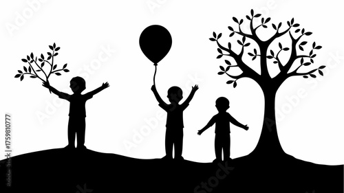 Enchanting monochrome world with children playing among silhouette trees and holding a balloon, evokes childhood wonder and imagination, perfect for heartwarming designs