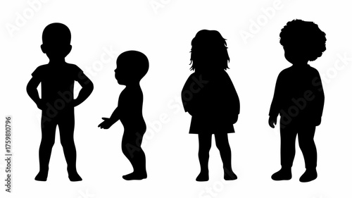 Playful silhouettes of diverse kids standing together, representing childhood innocence and togetherness in a versatile, scalable graphic asset