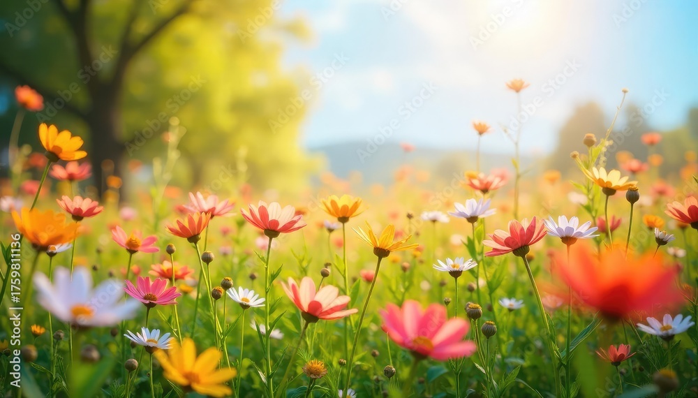 Naklejka premium A vibrant, sun-drenched field of wildflowers swaying gently in the breeze, embodying pure joy and serenity Perfect for concepts of peace, contentment, and blissful moments in nature , field, happy