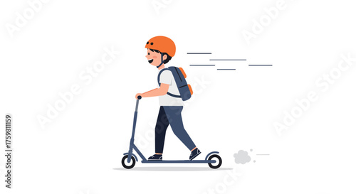 a boy riding a kick scooter, wearing helmet and backpack