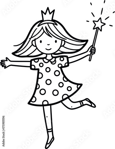 Whimsical hand drawn fairy princess with star wand dancing happily