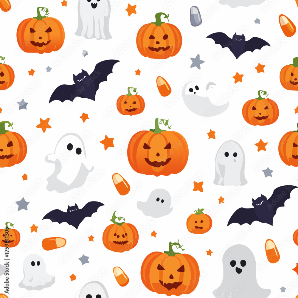 Naklejka premium A seamless Halloween pattern with pumpkins, ghosts, bats, and candy corn on a white background.