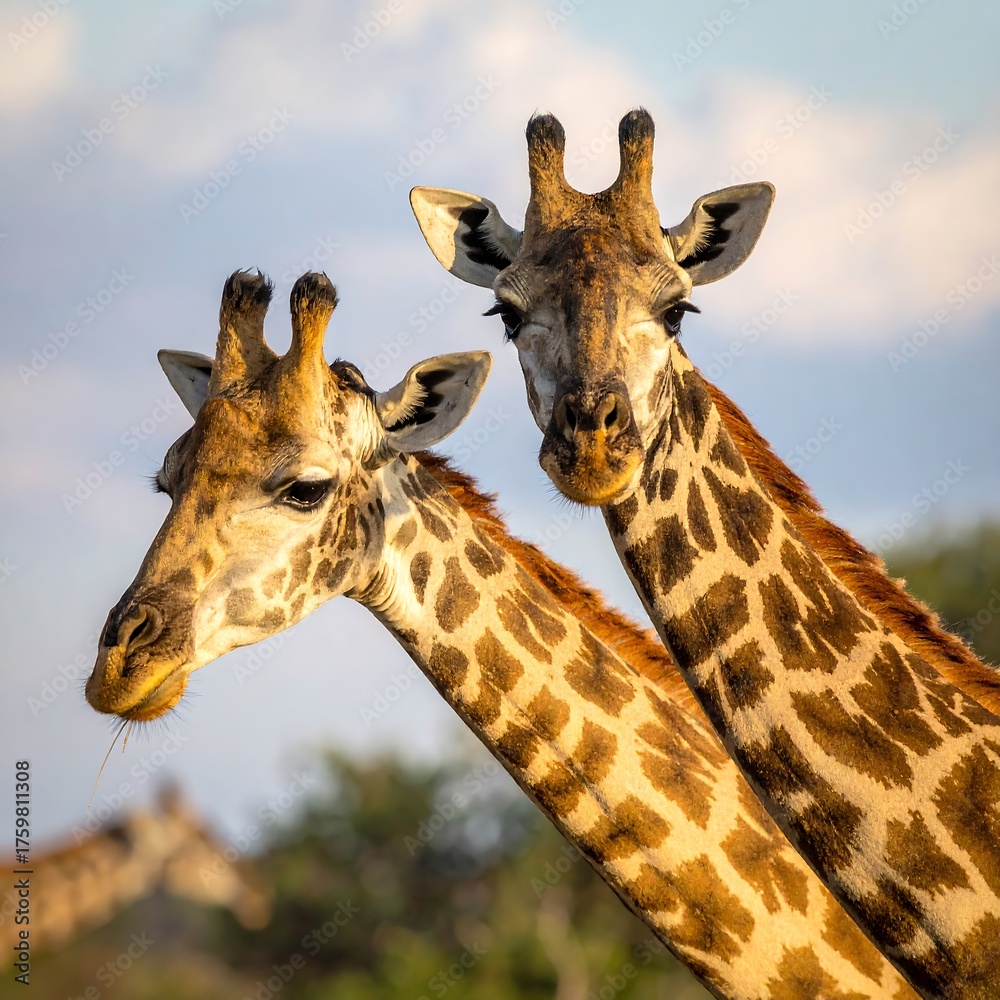 Fototapeta premium Two majestic giraffes gaze intently. Their long necks and patterned hides are captured in warm light. The background suggests a natural habitat