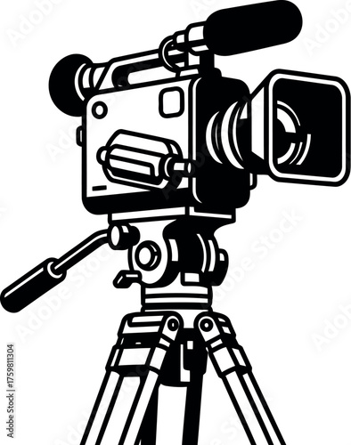 Vintage video camera on tripod recording footage professionally
