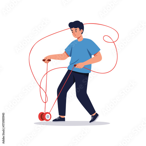 a boy playing yoyo, focused expression, red yoyo string creating loops