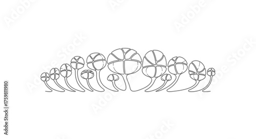 Line Art Drawing of a Group of Stylized Mushrooms.