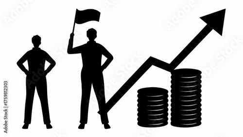 Achieving business goals and financial growth with strategic leadership and rising profits represented by a success flag and upward trend arrow