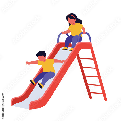 illustration of children playing on a slide, one sliding down, one waiting on top, wearing bright clothes