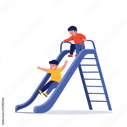 illustration of children playing on a slide, one sliding down, one waiting on top, wearing bright clothes