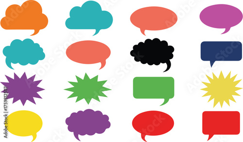 Collection of colorful speech bubbles and thought clouds isolated on transparent background