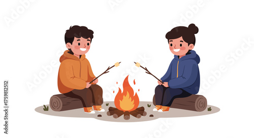 two children camping, standing in front of a small orange tent, holding flashlight and marshmallow on sticks, wearing jackets and hats