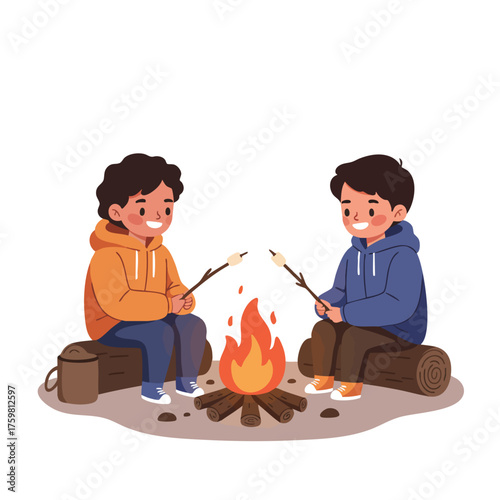 two children camping, standing in front of a small orange tent, holding flashlight and marshmallow on sticks, wearing jackets and hats