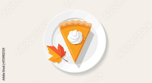 A mouth-watering flat design illustration of a classic pumpkin pie slice with whipped cream, perfect for depicting Thanksgiving desserts. The clean, modern aesthetic highlights this festive treat.