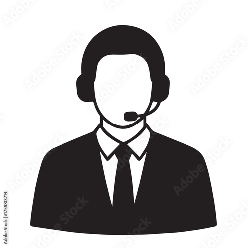 Support agent with headset: A silhouette of a support agent, wearing a headset, in a smart, business-style attire, set against a plain backdrop, representing assistance and customer service.