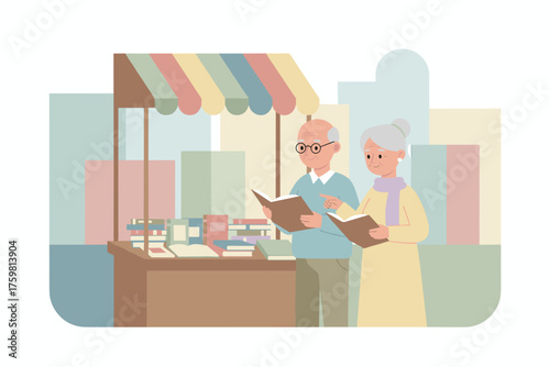 Happy senior couple browsing books at an outdoor market stall enjoying leisure time