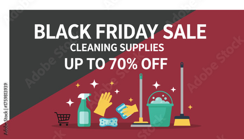 Black Friday Sale banner for cleaning supplies featuring various tools and discount offer