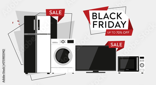 Black Friday Sale on electronics and home appliances illustration Retail shopping concept