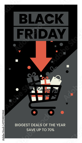 Black Friday sale with shopping cart full of gift boxes Exciting seasonal discounts and deals