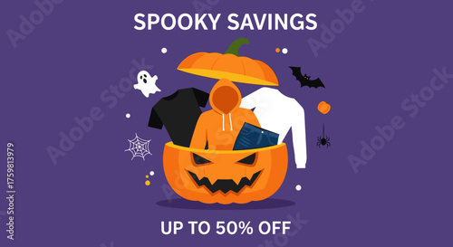 Halloween spooky savings with a jackolantern bursting with trendy clothing items for festive seasonal sales and promotions