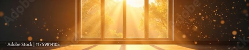 Sunlight streams through a large window, illuminating dust motes dancing in the golden light The scene is peaceful and serene, perfect for a calming and minimalist aesthetic , tranquil, aesthetic