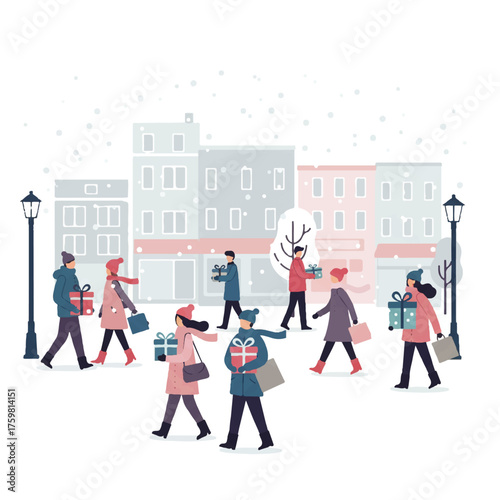 People Shopping for Gifts in a Snowy Winter City Scene.