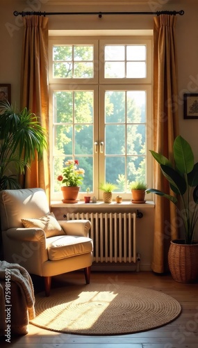 Warm, inviting home interior with cozy furniture and natural light streaming through a window, creating a peaceful and welcoming atmosphere , sun, carpet, room
