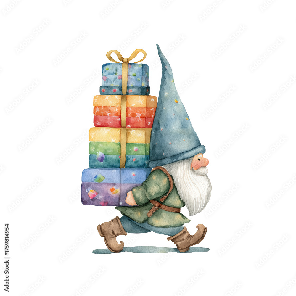 Naklejka premium Colorful gnome carrying gifts in a watercolor style during a festive season of joy and celebration