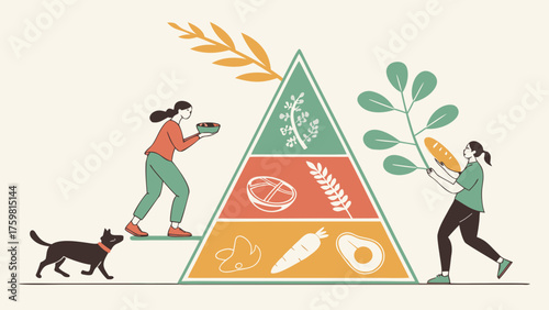 Food pyramid with vegan, halal and eco-friendly products, people holding healthy food and plants, flat vector illustration
