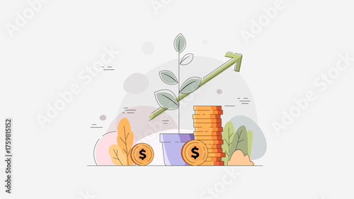 Creative finance concept illustration showing a plant growing from coins with an upward arrow, representing investment growth, financial sustainability, and long-term economic success.